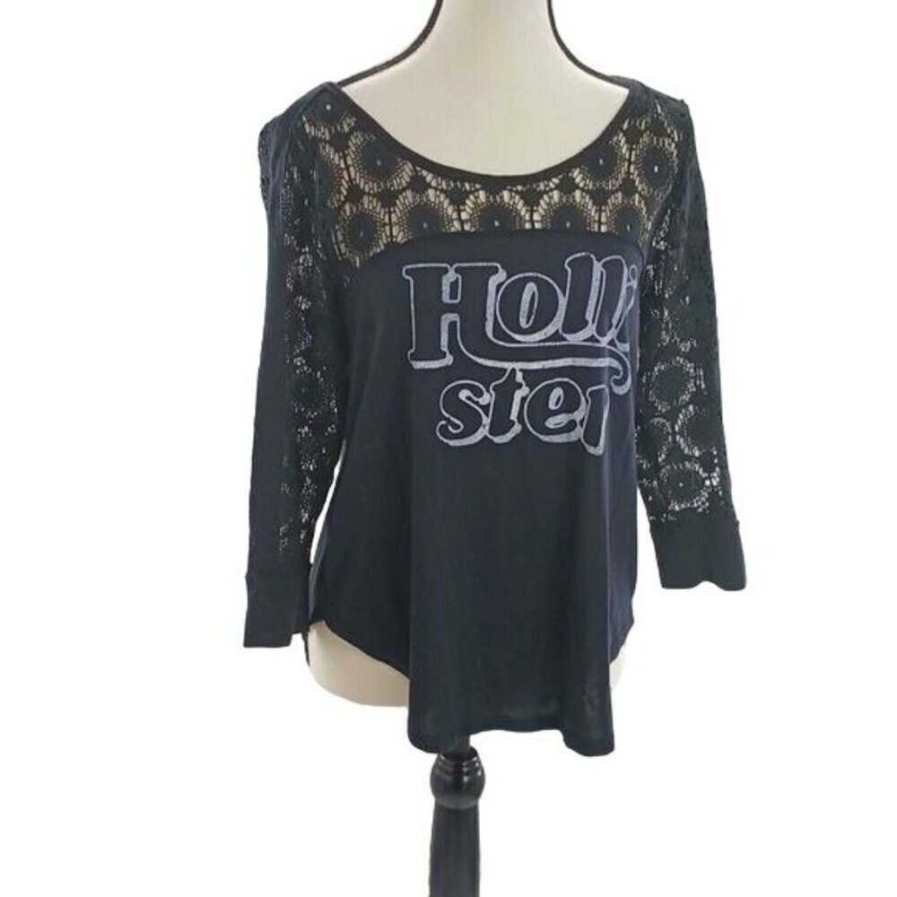 Hollister Womens Lace Top Black Graphic Tee 3/4 Sleeve Size S